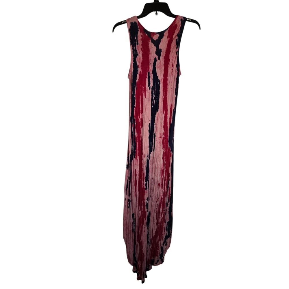 Womens Tie Dye Sleeveless Maxi Dress Pink Red‎ Navy Handkerchief Hem L